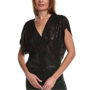 Ramy Brook Margie Black Silver Metallic Cap Sleeve Faux Wrap Blouse XS/S